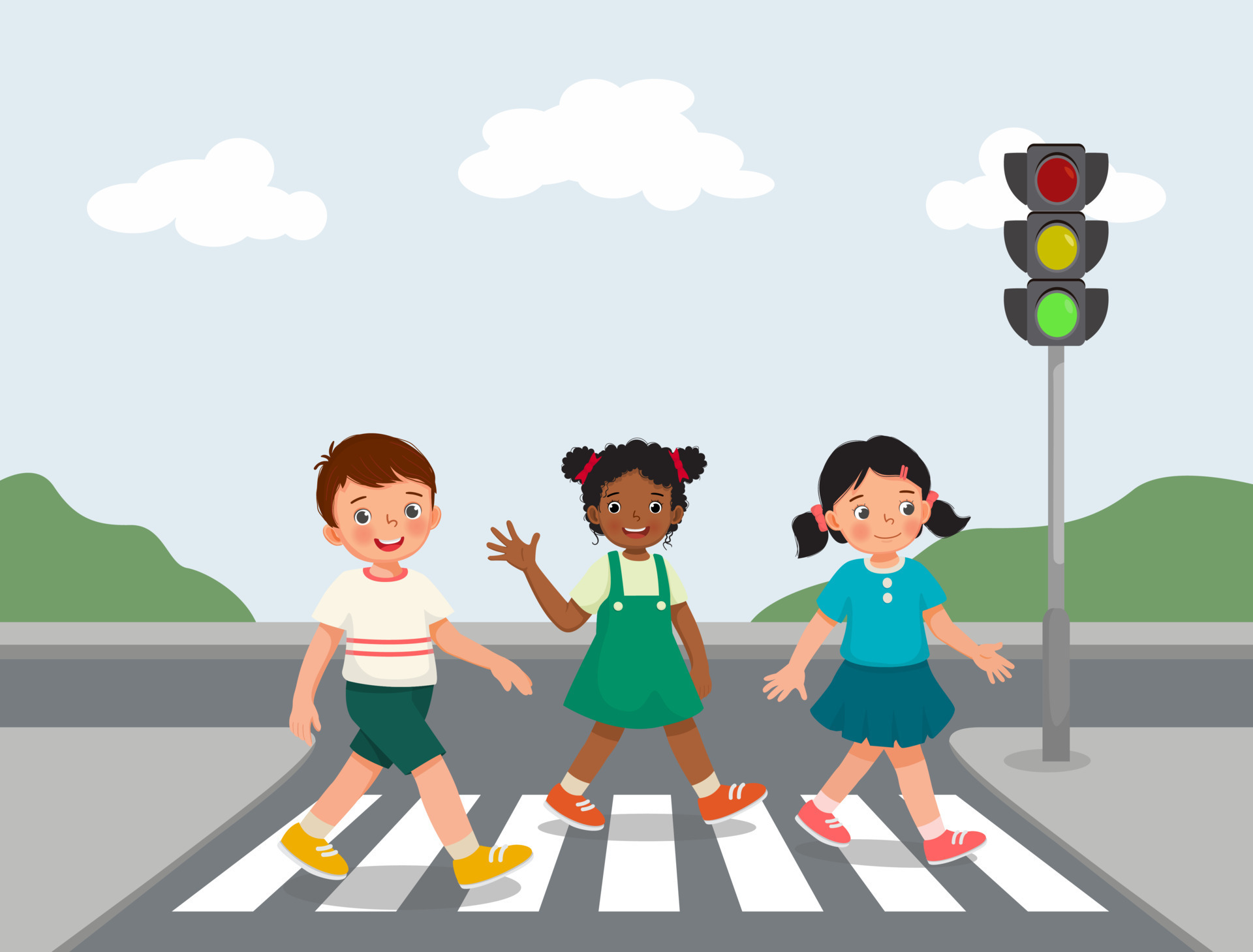 Cute happy kids walking crossing road near traffic light on zebra