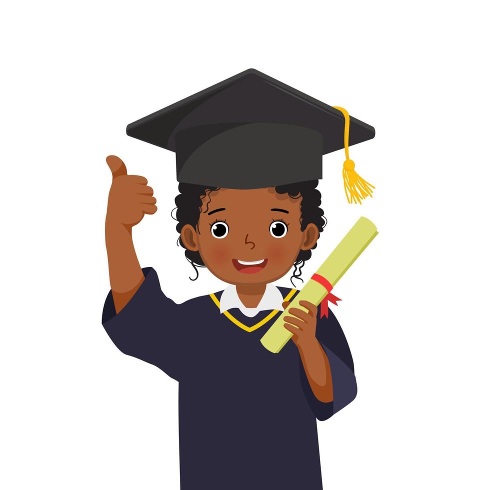 cute little African schoolgirl in graduation hat and gown holding diploma certificate showing thumb up vector