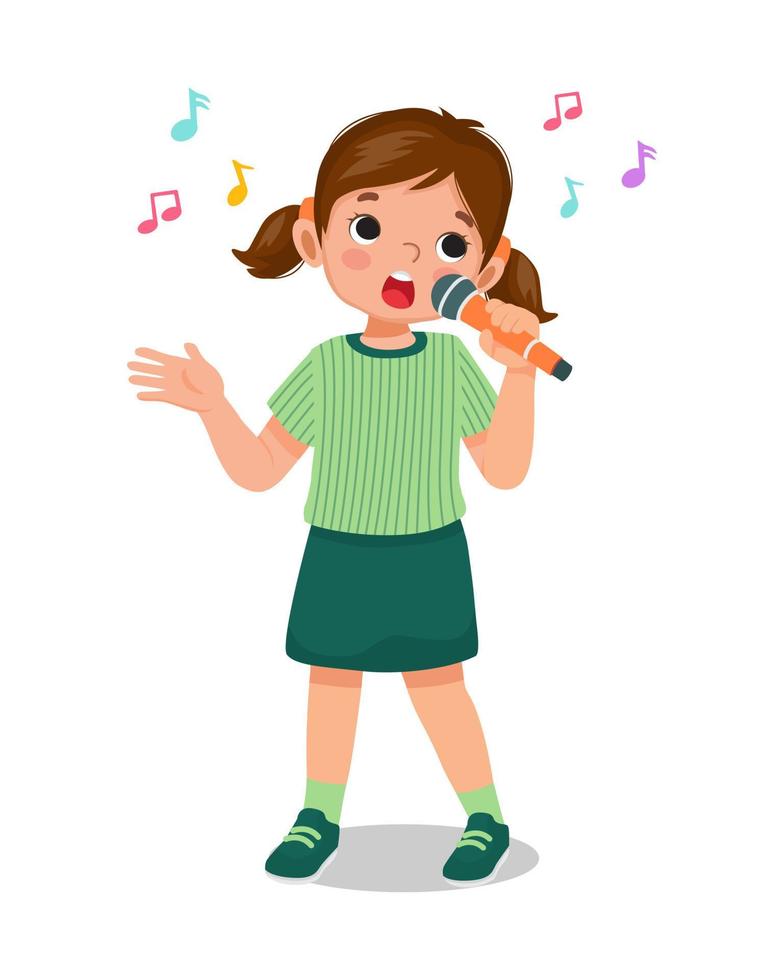 happy little girl singing a song with a microphone vector