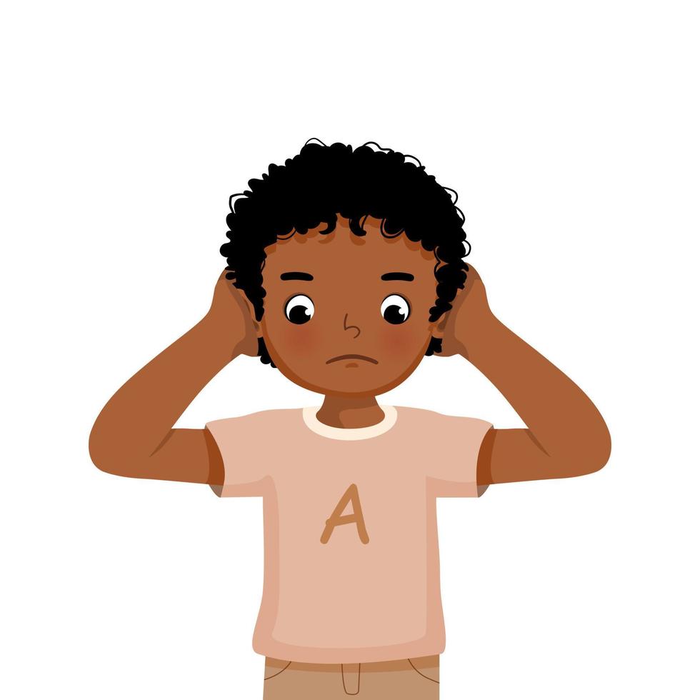 cute little African boy not listening covering and shut his ears from noisy loud sound showing annoyed facial expression vector