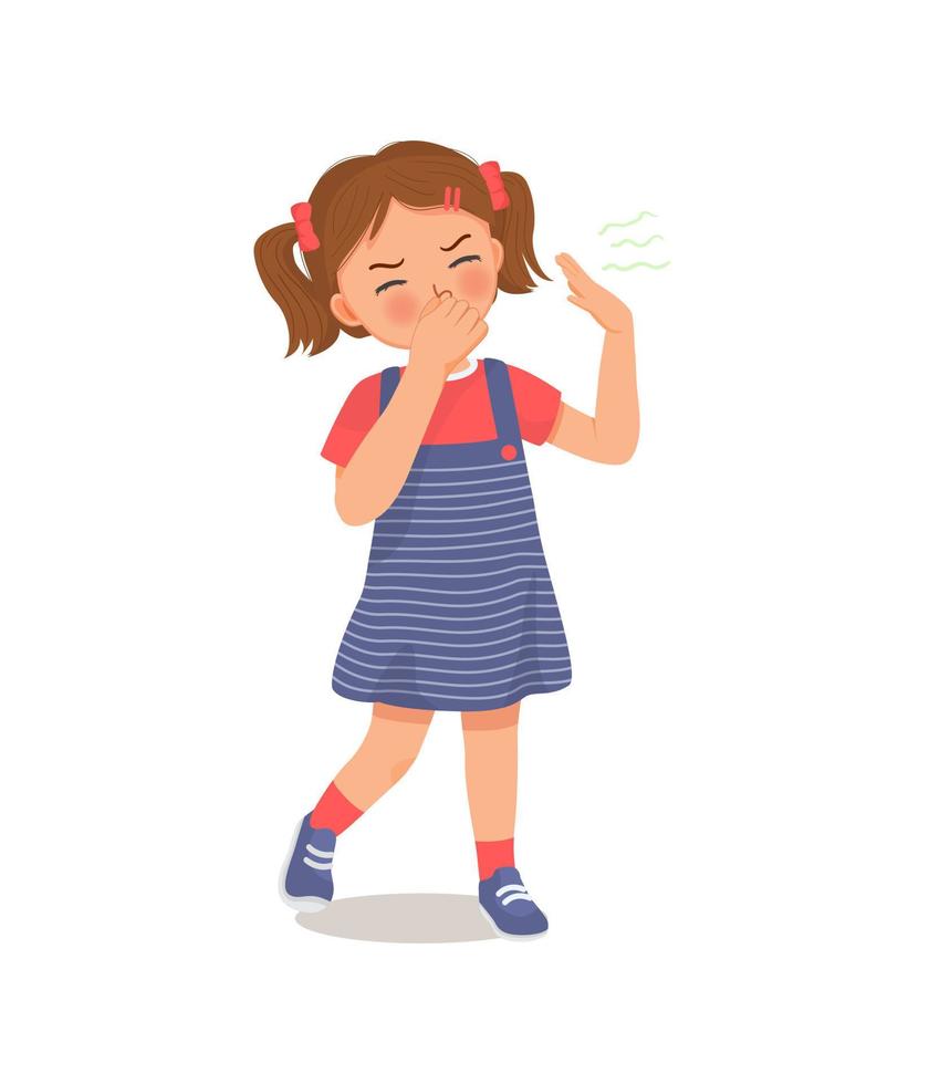 cute little girl pinching and cover her nose smelling something stinky and bad aroma holding breath with fingers on nose vector