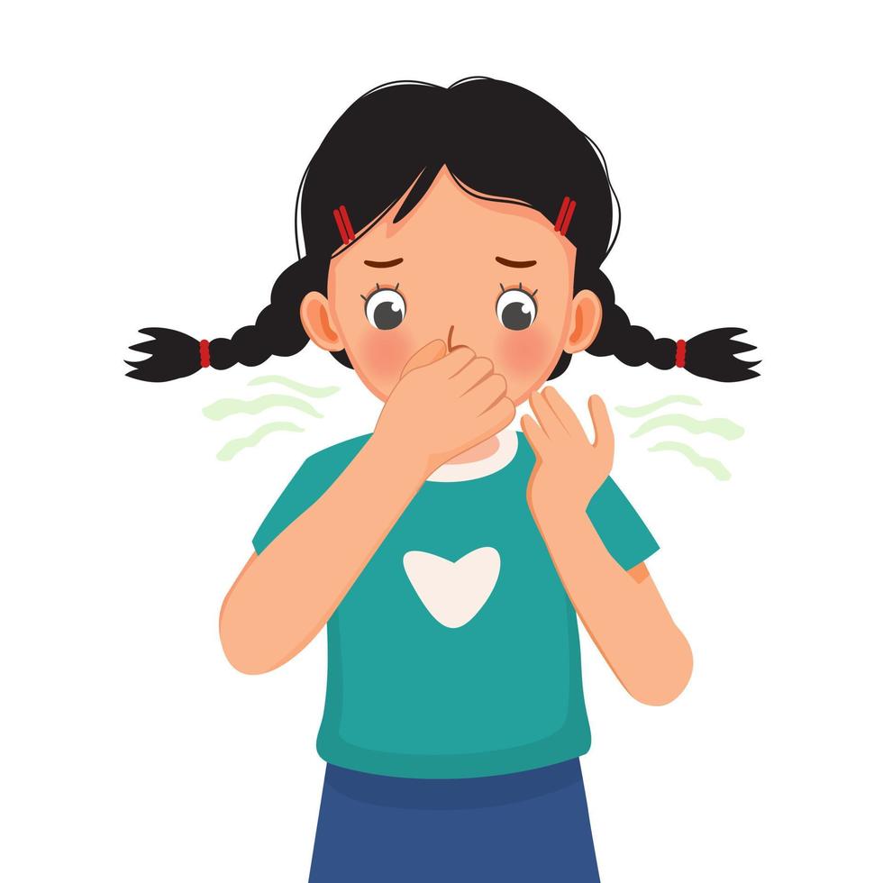 cute little girl pinching and cover her nose smelling something stinky and bad aroma holding breath with fingers on nose vector