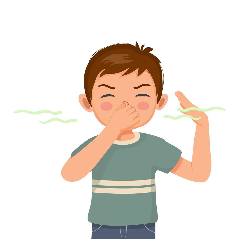 cute little boy pinching and cover his nose smelling something stinky and bad aroma holding breath with fingers on nose vector