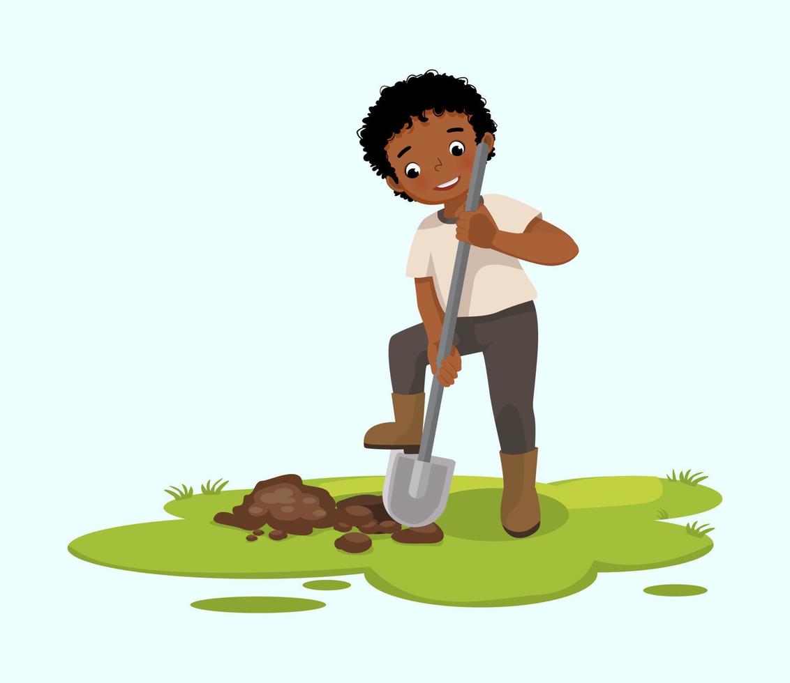 Cute little African boy digging hole on the ground with shovel in the garden vector