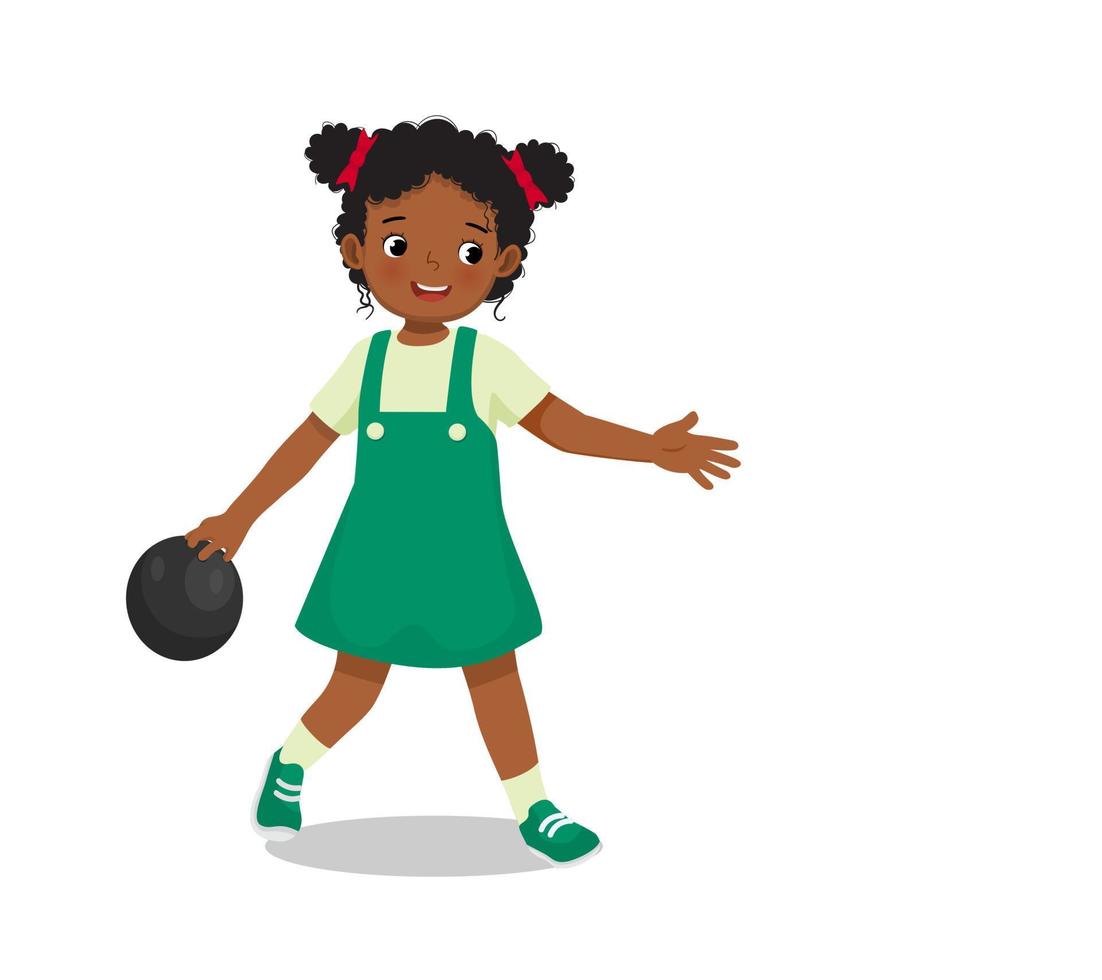 cute little African girl playing bowling in the sport club ready to throw the ball vector