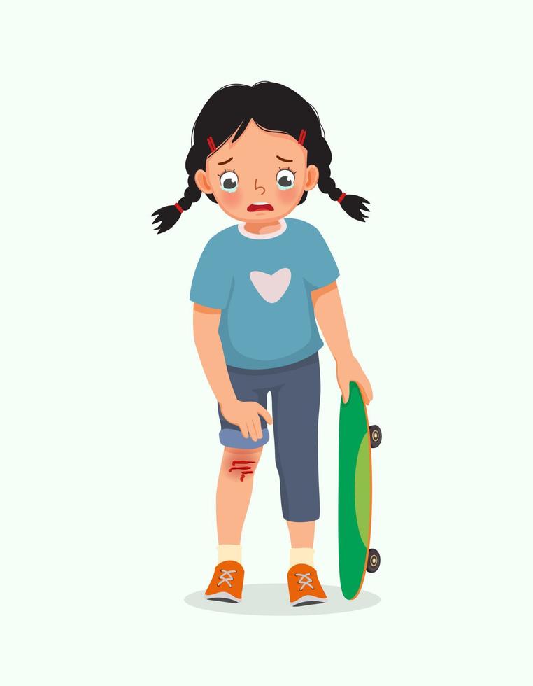cute little girl has a knee injury crying holding her scratch bleeding leg with bruises after an accident fell down from skateboard vector