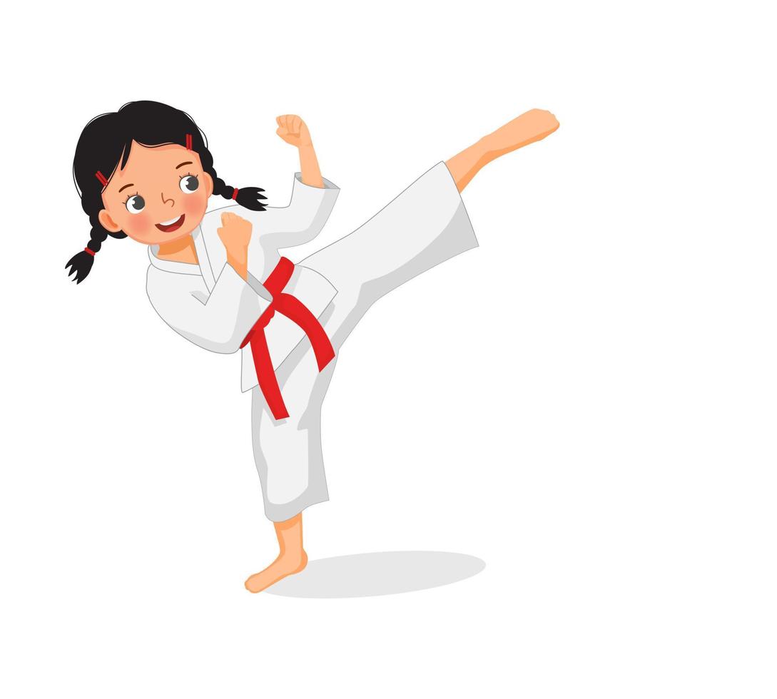 linda niña de karate con cinturón rojo que muestra técnicas de ataque de patadas en la práctica de entrenamiento de artes marciales vector