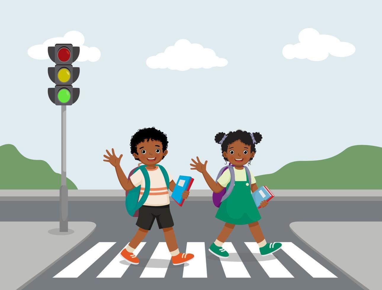 Cute African school kids with backpack waving hands walking crossing road near traffic light on zebra crossing on the way to school vector