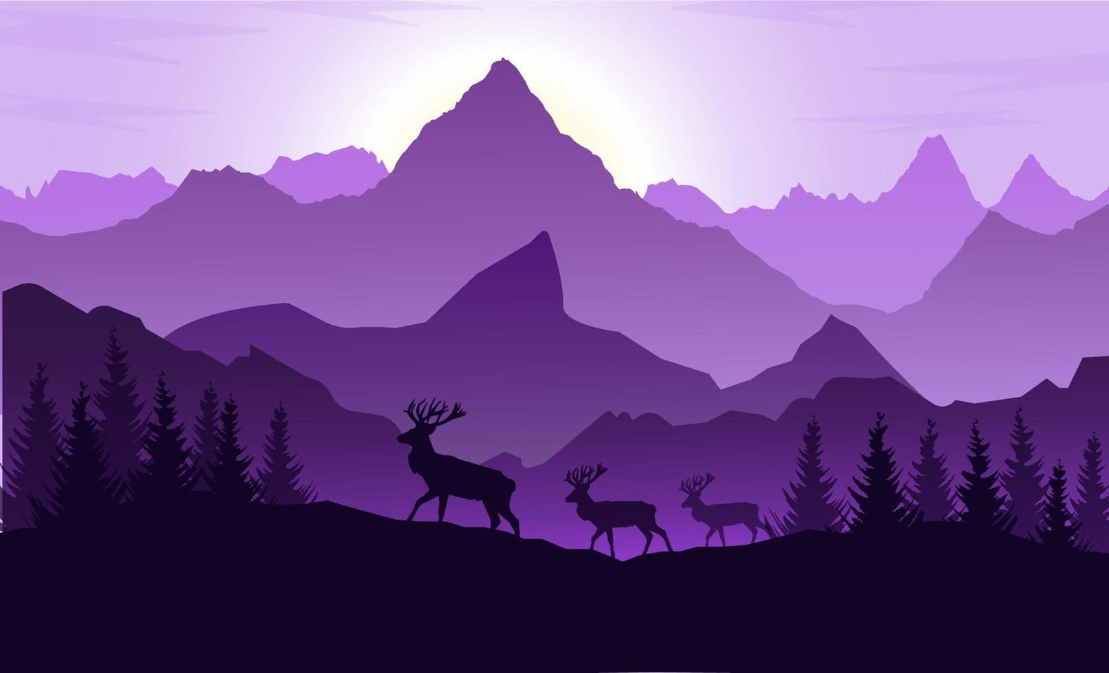 mountains silhouette with trees and deer vector