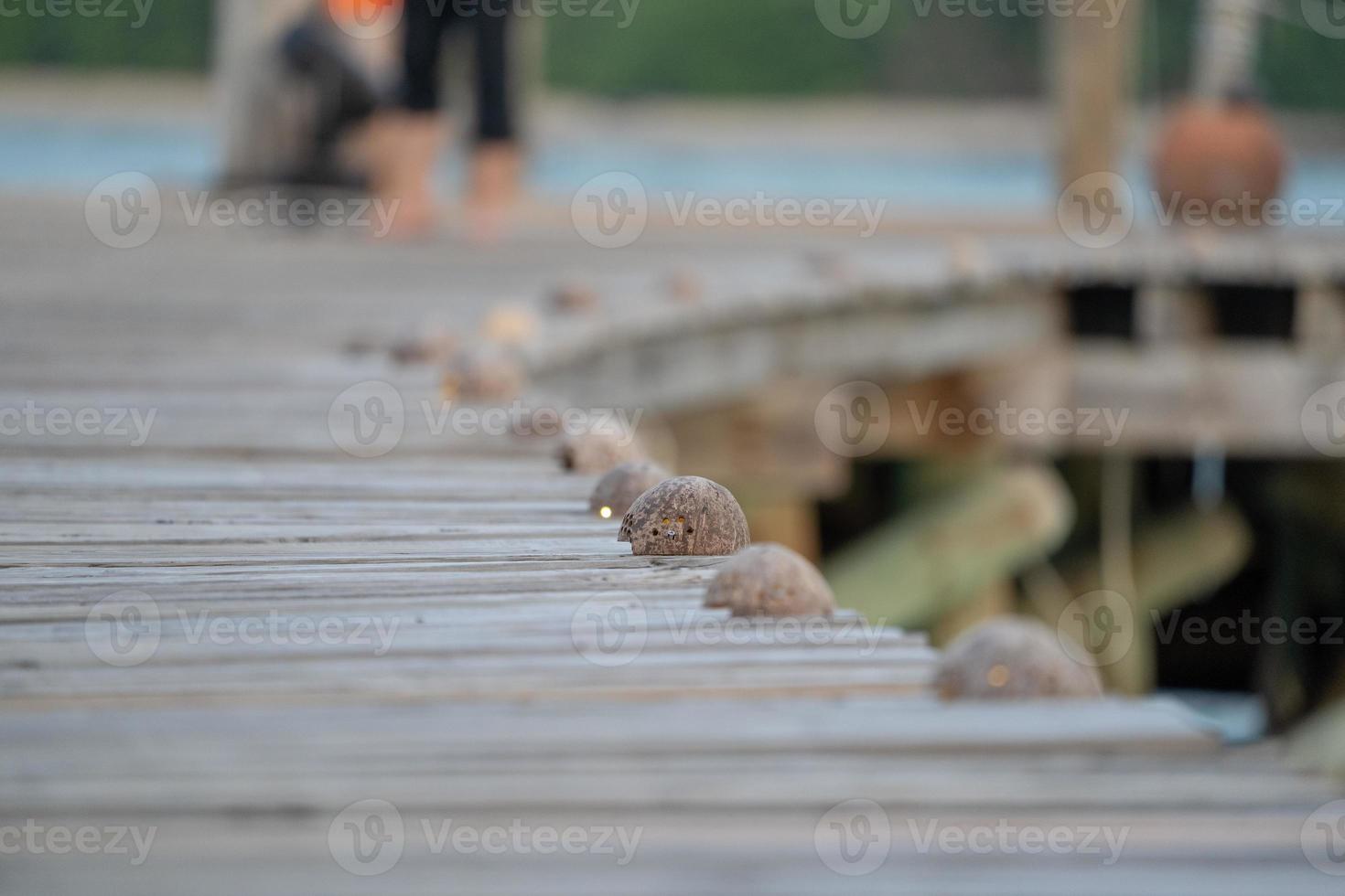 Close up Jetty classic old style with the wood walk way for the packaging nature vintage background. photo