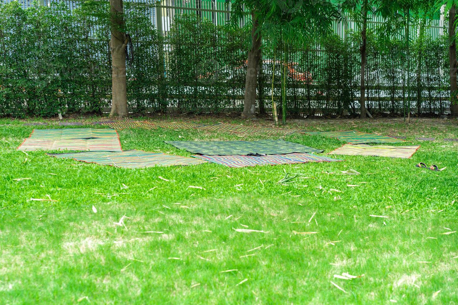 Asian mat on the grass ground in the outdoor park without people. photo