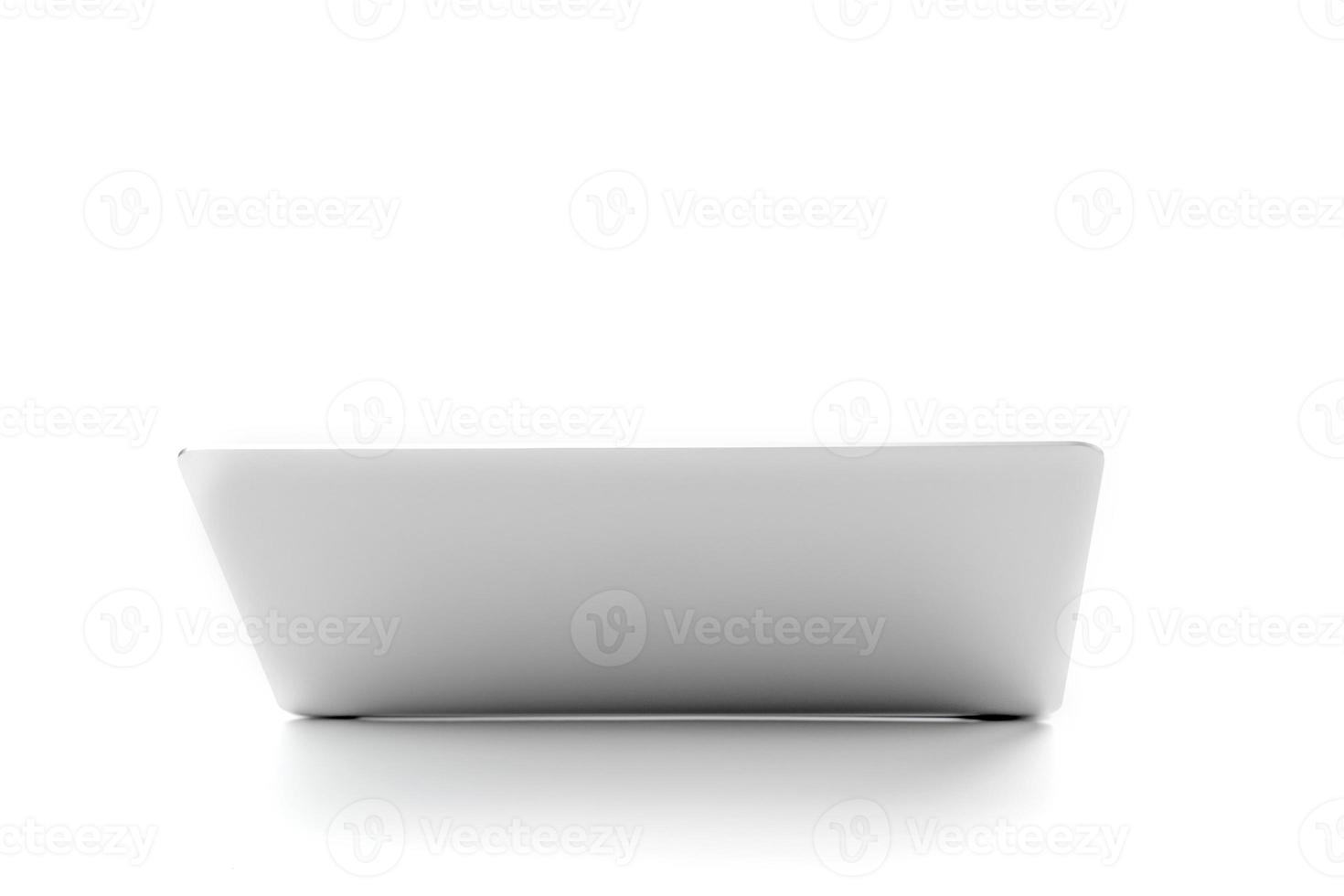 Laptop gray metalic sliver colour notebook in backside view open cover on the white background. Clipping Path. photo
