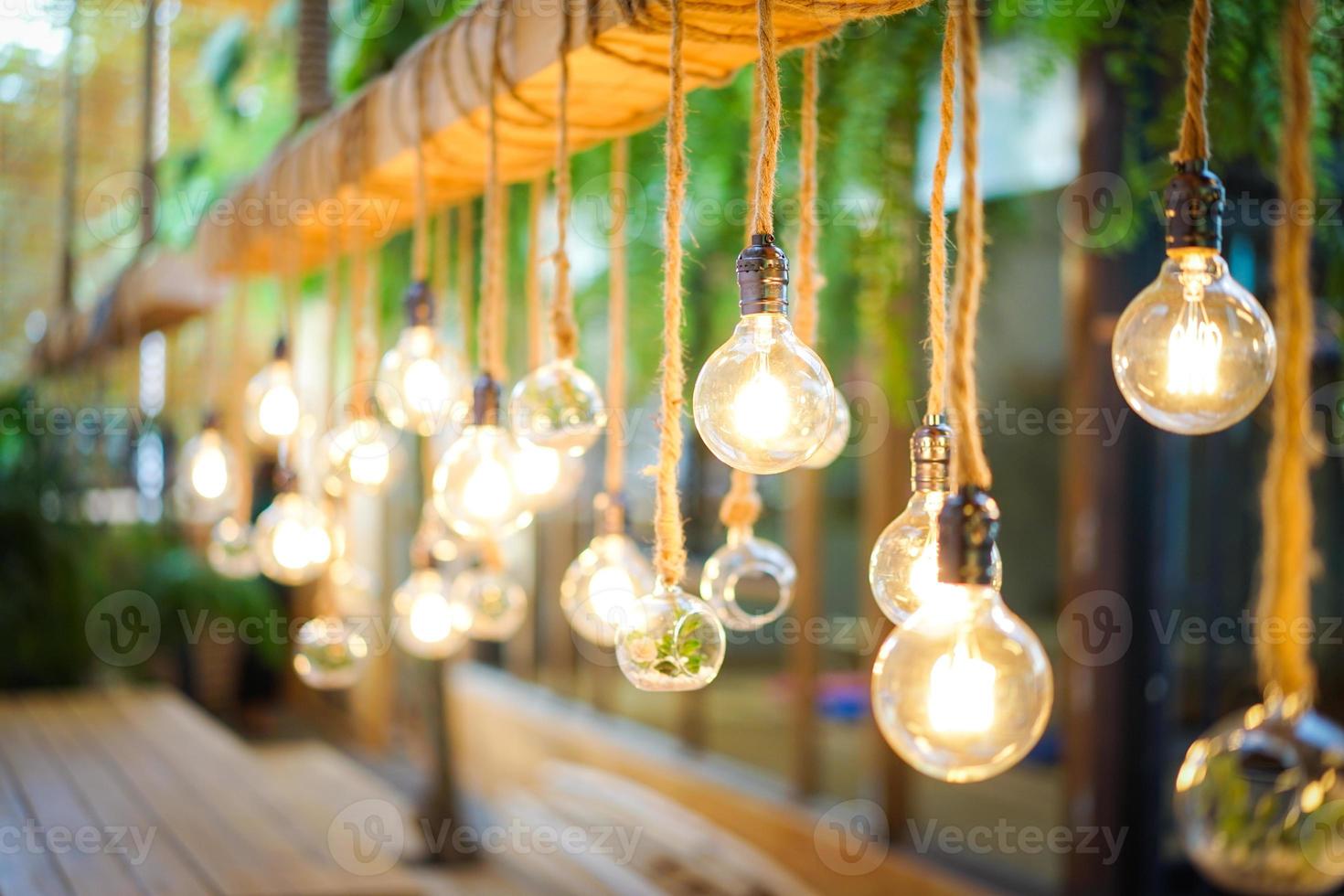 Decorated cozy lamps stick in the rope and little tiny tree with small white rock inside the ball glass hang on to big wood log in front of white background. photo