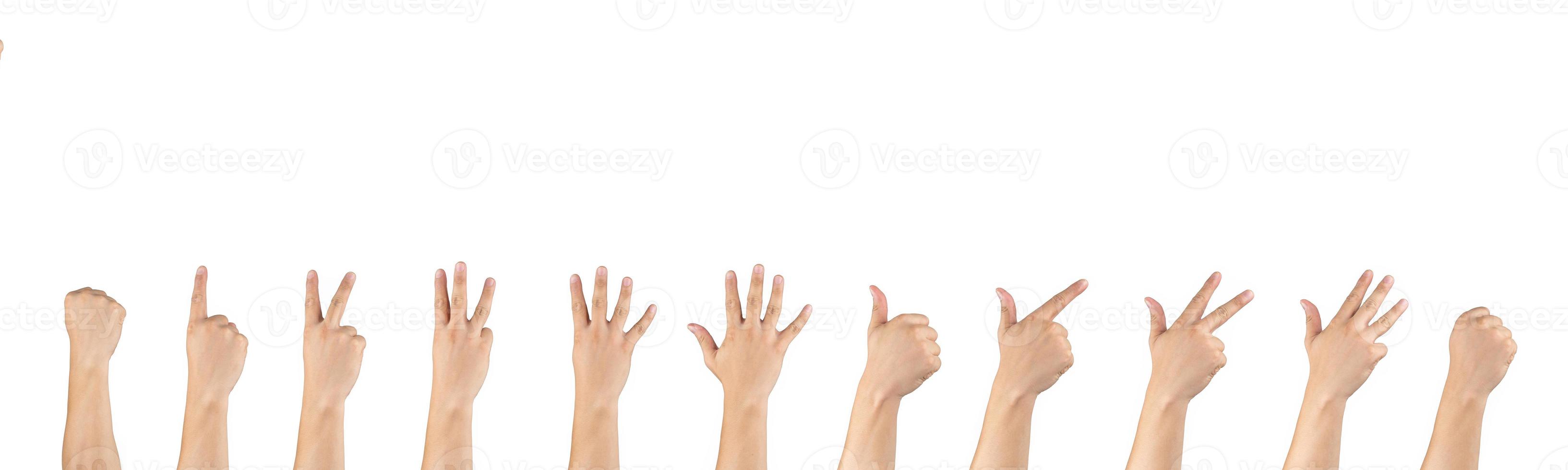 Asian male back hands counting zero to ten isolate white background in studio light - with clipping path. photo