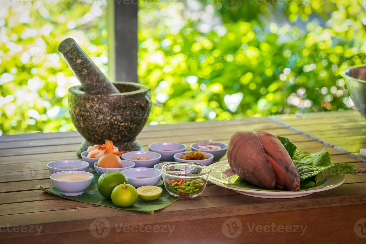 Local and traditional Ingredient for Yum Hua Plee Banana blossom salad, is prepared to cook the Thai food. photo