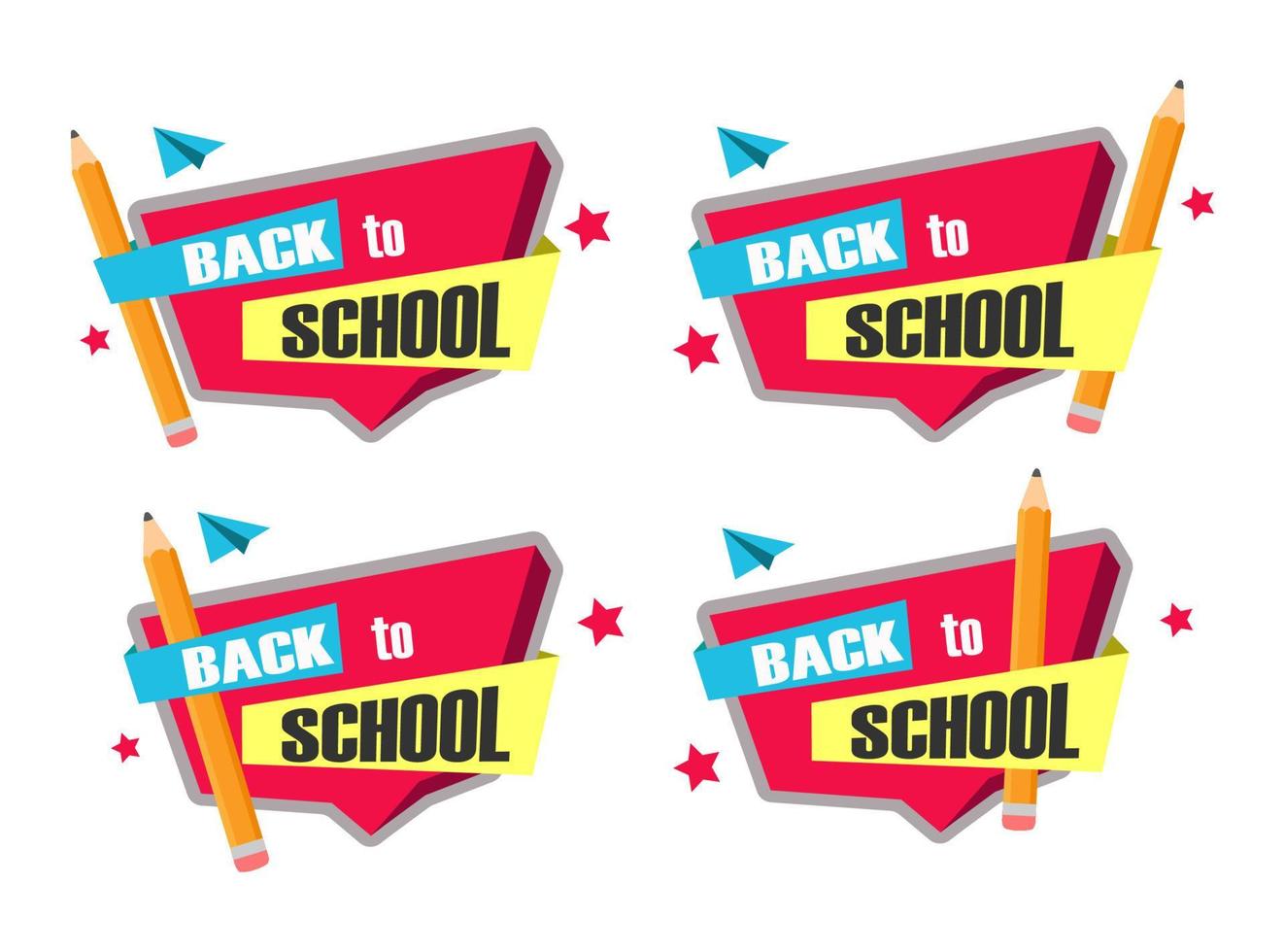 Back to school sign with a pencil, paper airplane and stars. Red background. Graphic design. vector