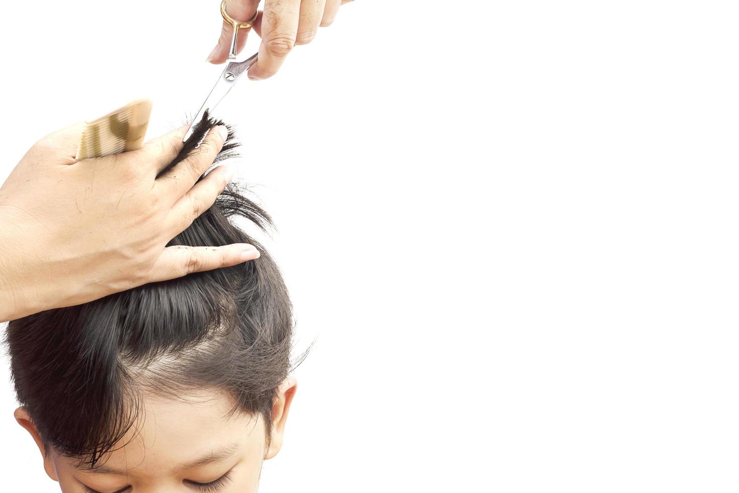 A boy is cut his hair by hair dresser isolated over white background photo