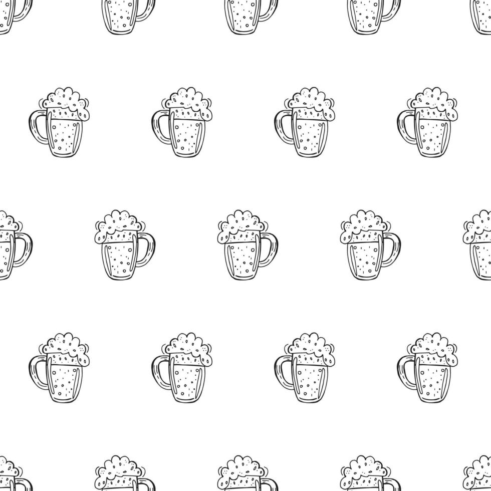 Oktoberfest 2022 - Beer Festival. Hand-drawn Doodle elements. Seamless Pattern. German Traditional holiday. Outline beer mugs with foam on a white background. vector