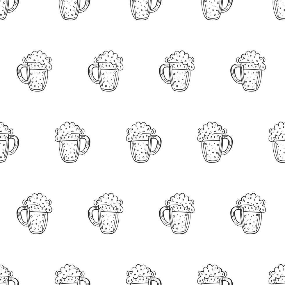 Oktoberfest 2022 - Beer Festival. Hand-drawn Doodle elements. Seamless Pattern. German Traditional holiday. Outline beer mugs with foam on a white background. vector