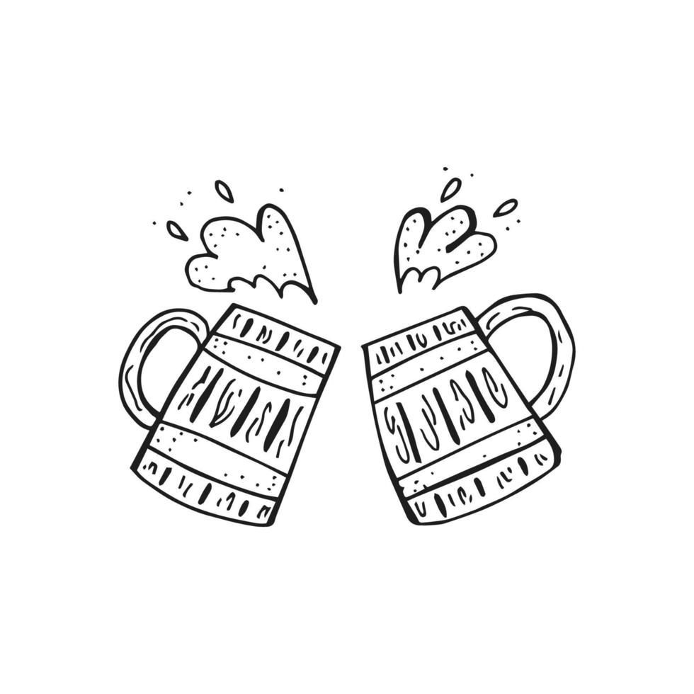 Oktoberfest 2022 - Beer Festival. Hand-drawn Doodle Elements. German Traditional holiday. Black outline on a white background. Wooden mugs of beer. vector