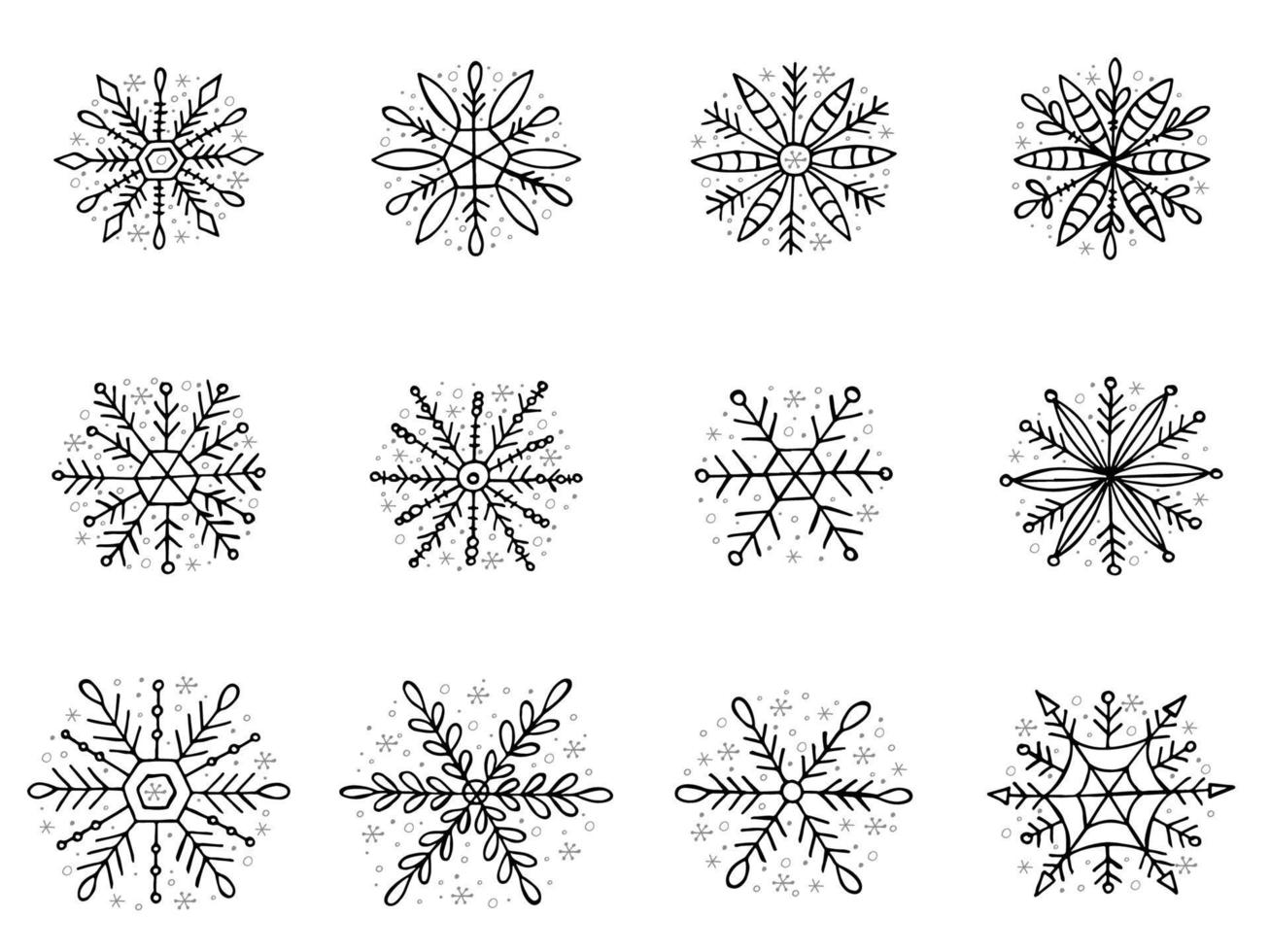 un conjunto de copos de nieve dibujados a mano. ilustración vectorial en estilo garabato. estado de ánimo de invierno. hola 2023. feliz navidad y próspero año nuevo. elementos negros sobre un fondo blanco. vector