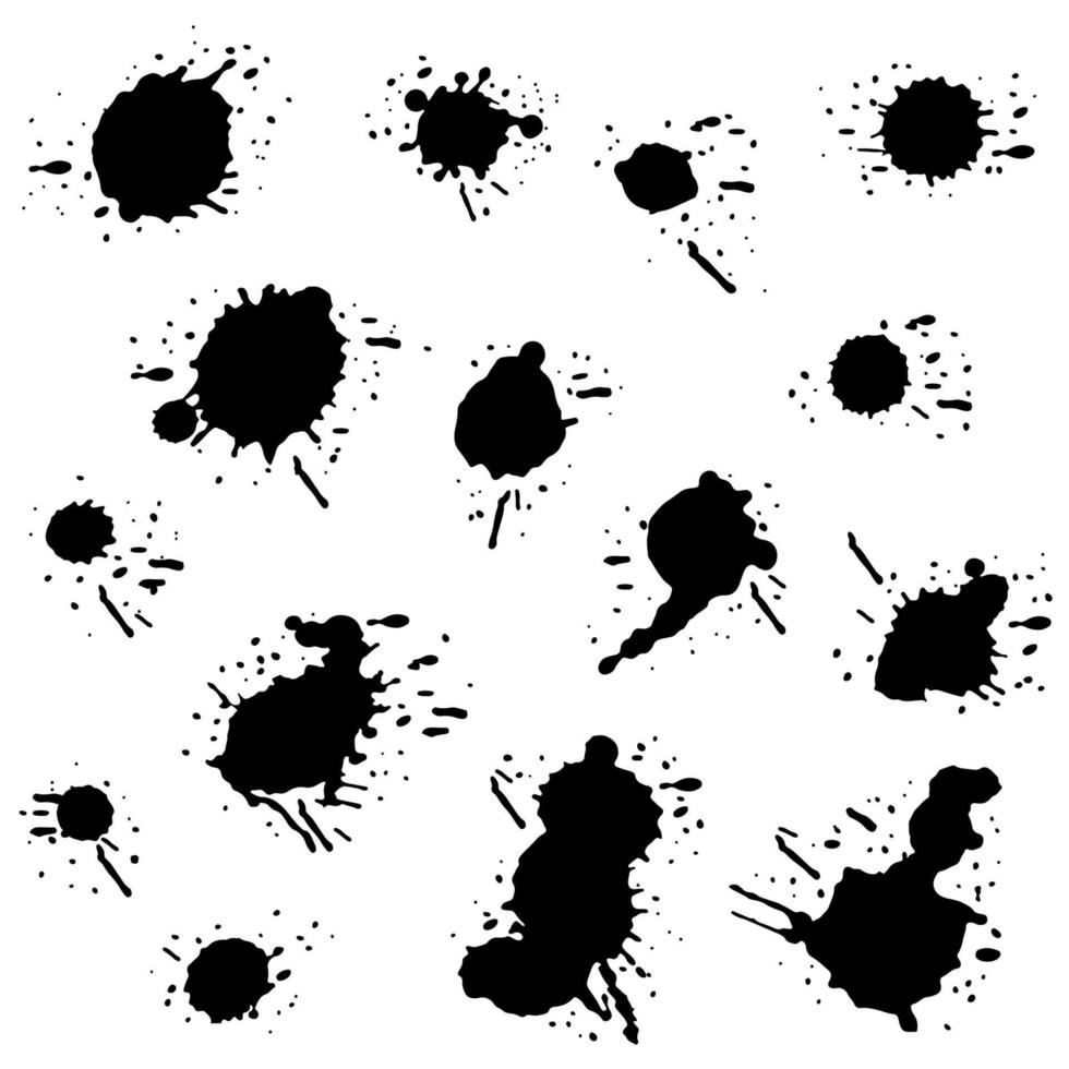 Set of black Ink spot and dots. Drops and splashes, blots of liquid paint. Watercolor grunge vector illustration.