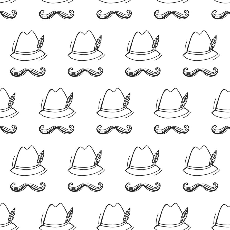 Oktoberfest 2022 - Beer Festival. Hand-drawn Doodle elements. Seamless Pattern. German Traditional holiday. Outline hats with a feather and mustache on a white background. vector