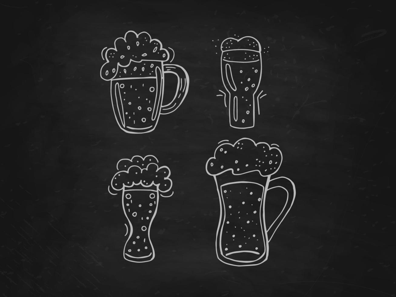Oktoberfest 2022 - Beer Festival. Hand-drawn set of Doodle Elements. German Traditional holiday. Glass beer mugs on a black chalk board. vector
