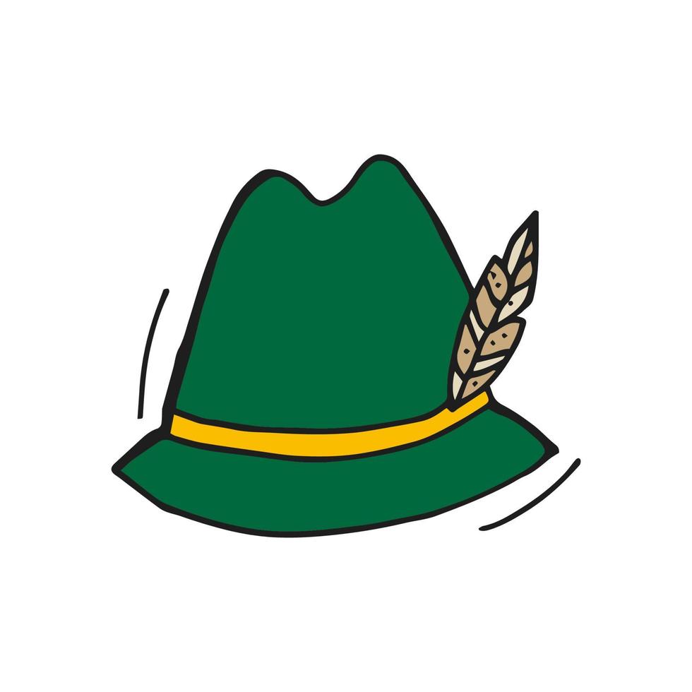 Oktoberfest 2022 - Beer Festival. Hand-drawn Doodle green hat with a feather on a white background. German Traditional holiday. vector