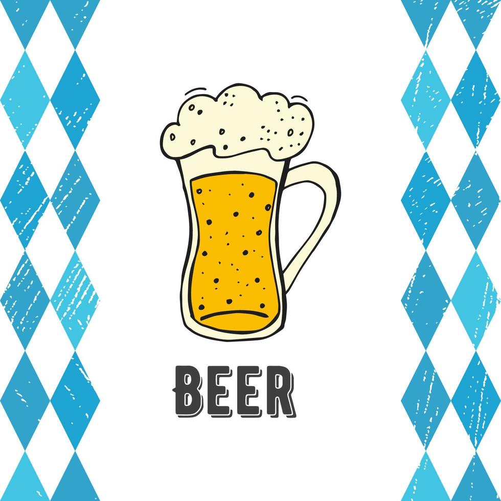 oktoberfest 2022 - fiesta de la cerveza. elementos de fideos dibujados a mano. fiesta tradicional alemana. taza de cerveza de vidrio sobre un fondo blanco con rombos azules y letras. vector