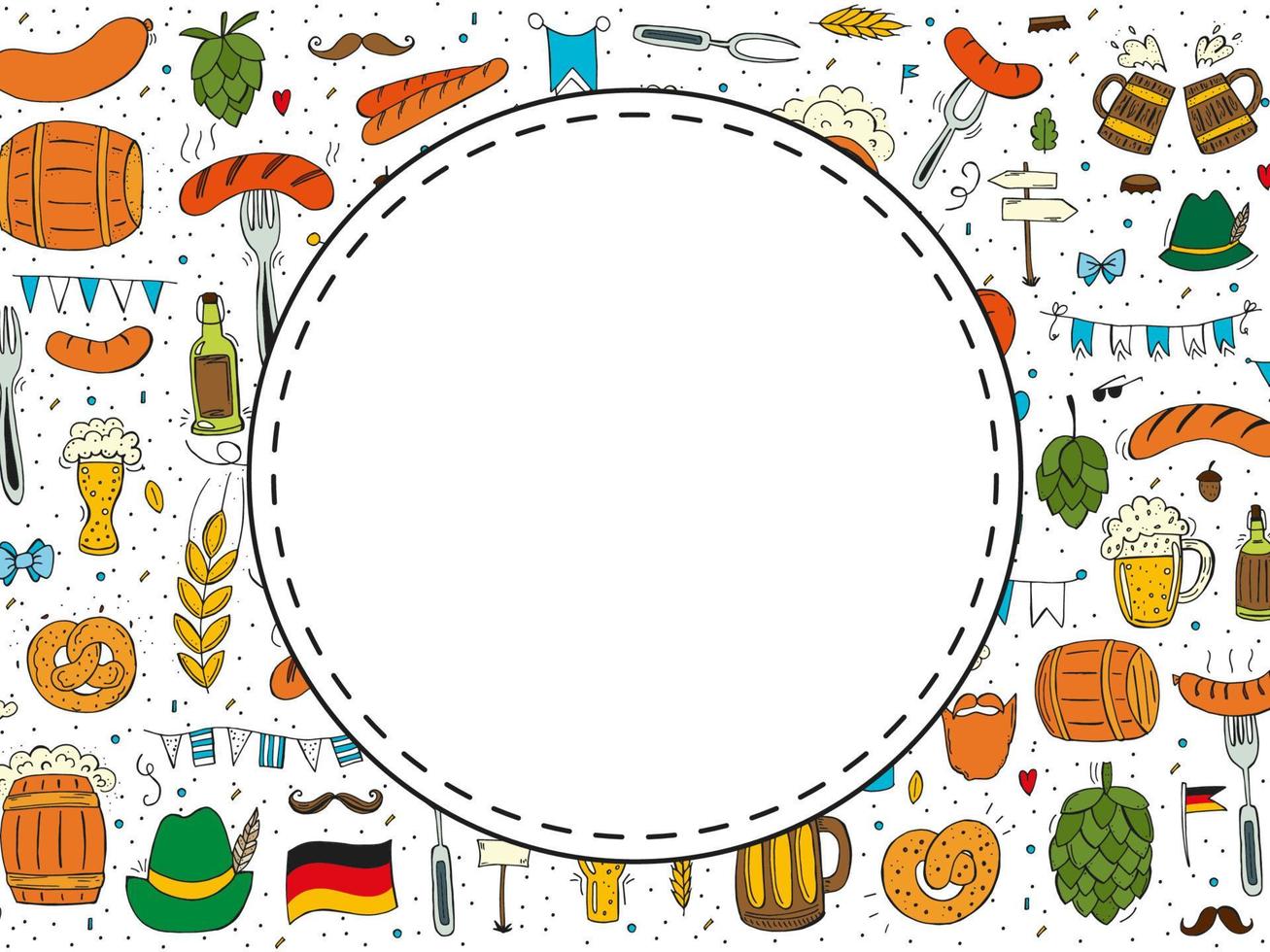 Oktoberfest 2022 - Beer Festival. Hand-drawn Doodle elements. German Traditional holiday. Round emblem on the background of a pattern of colored elements. vector