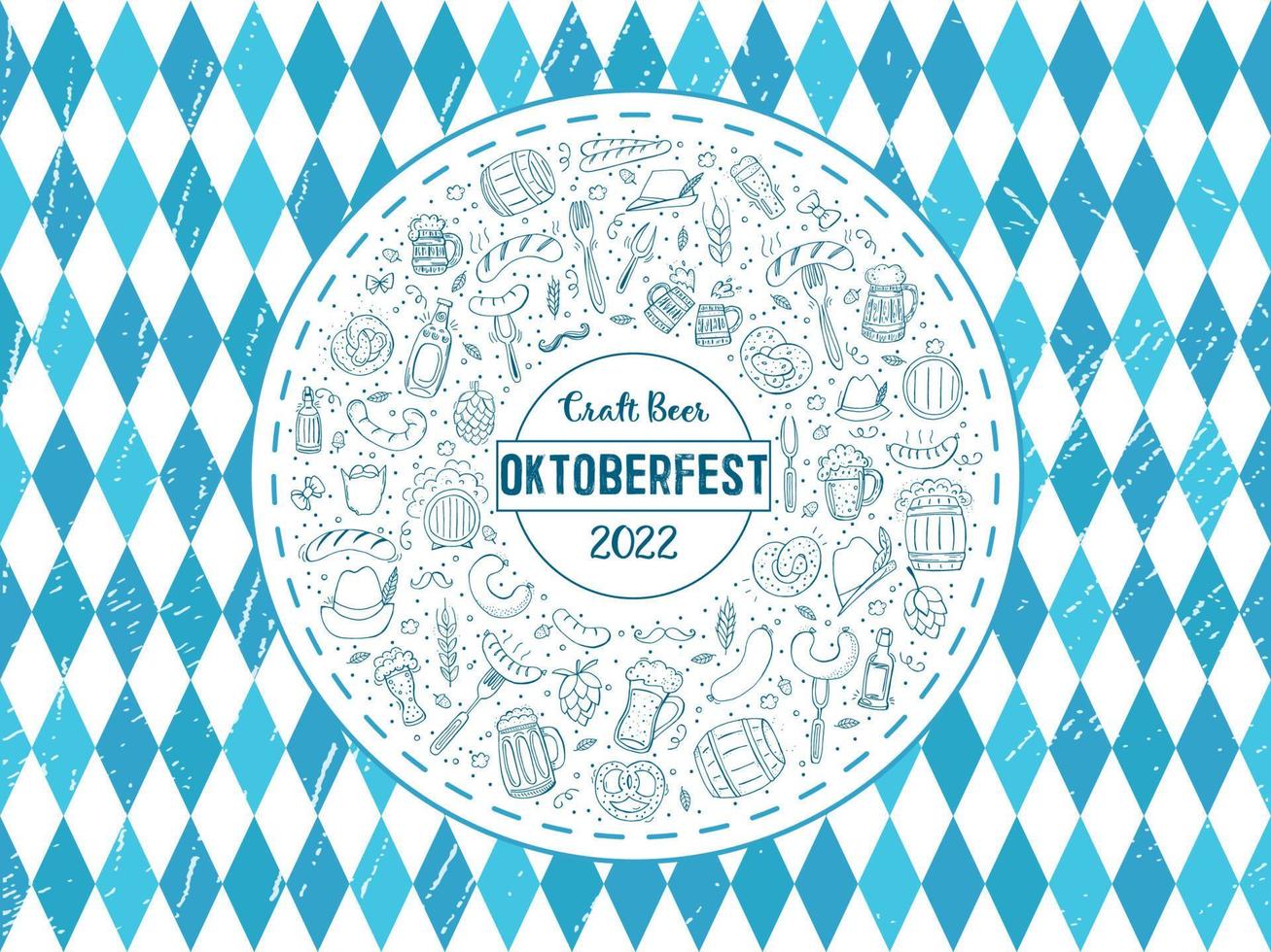 Oktoberfest 2022 - Beer Festival. Hand-drawn Doodle elements. German Traditional holiday. A circle of elements on a background of blue diamonds with texture. vector