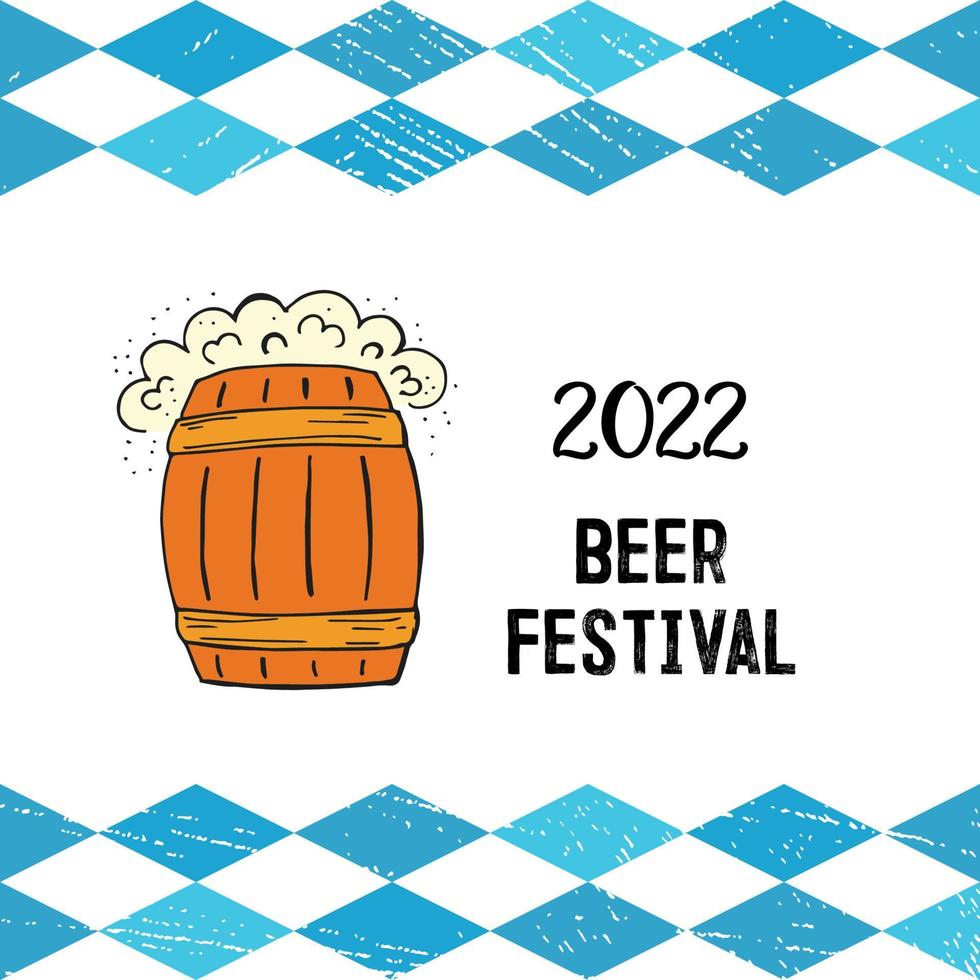 oktoberfest 2022 - fiesta de la cerveza. elementos de fideos dibujados a mano. fiesta tradicional alemana. barril de cerveza de color sobre un fondo blanco con rombos azules y letras. vector