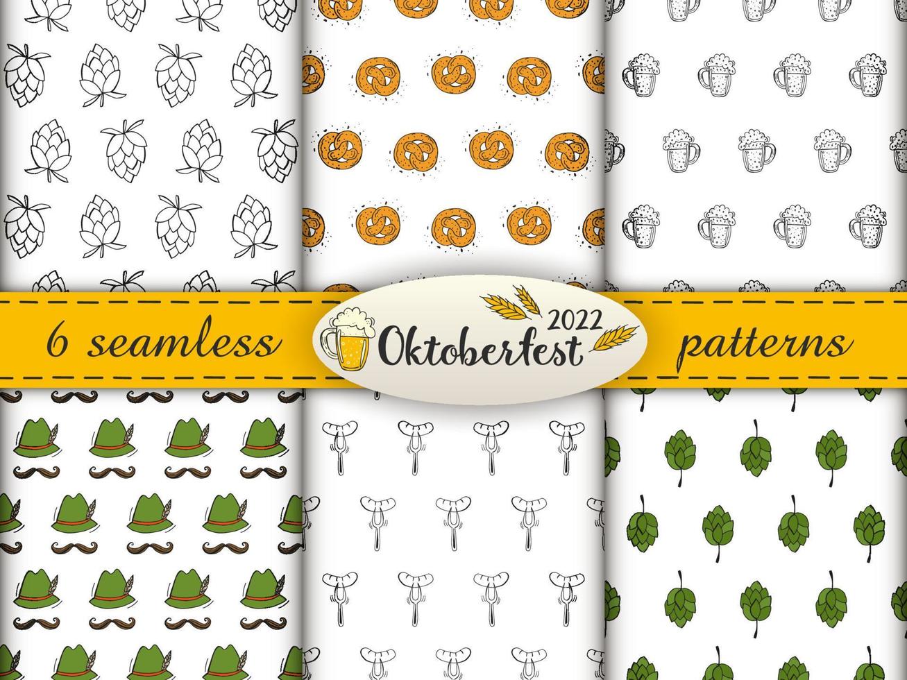 Set of seamless patterns. Oktoberfest 2022 - Beer Festival. Hand-drawn Doodle elements. German Traditional holiday. Color and stroke patterns with lettering, beer mug and wheat ears. vector