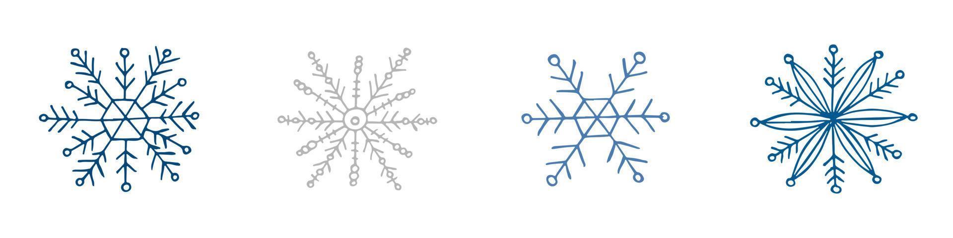A set of hand-drawn snowflakes. Vector illustration in doodle style. Winter mood. Hello 2023. Merry Christmas and Happy New Year. Blue and gray elements on a white background.
