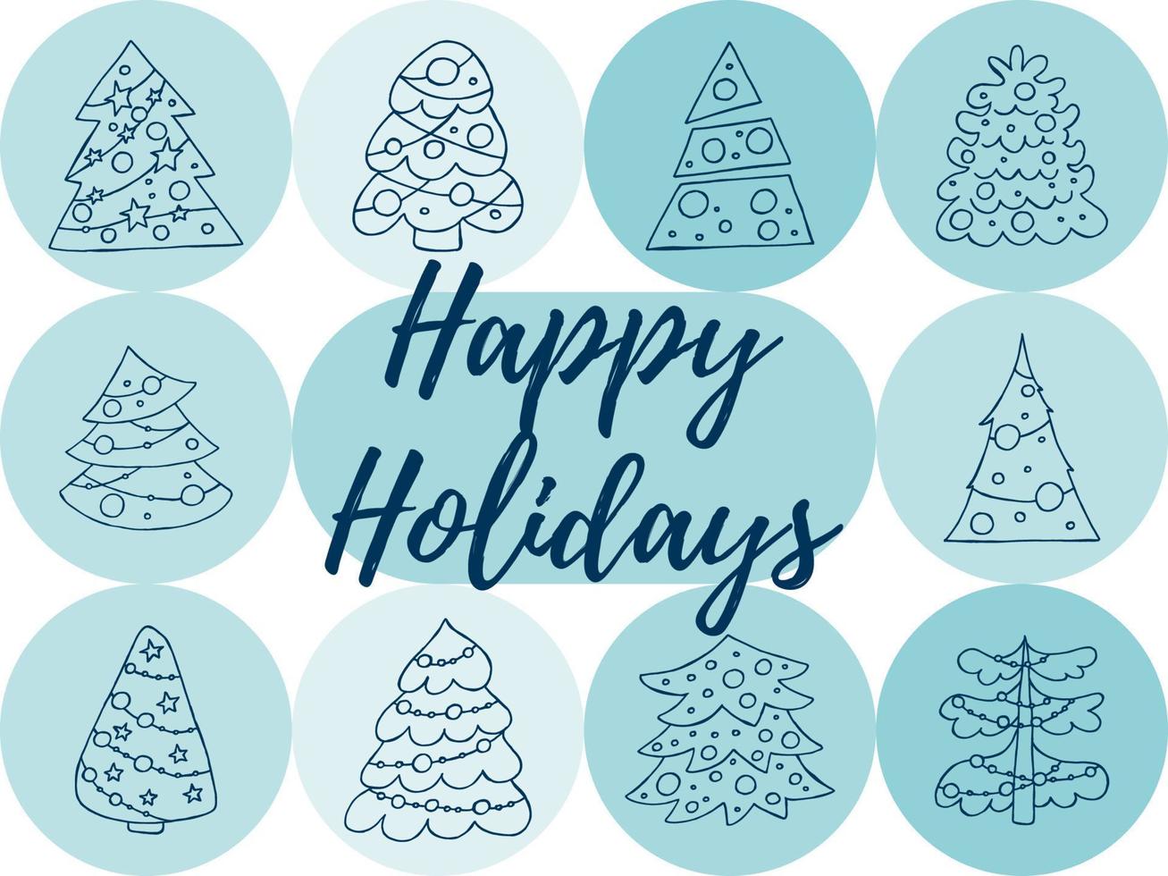 A set of hand-drawn christmas trees. Vector illustration in doodle style. Winter mood. Hello 2023. Merry Christmas and Happy New Year. Blue elements on a blue background.