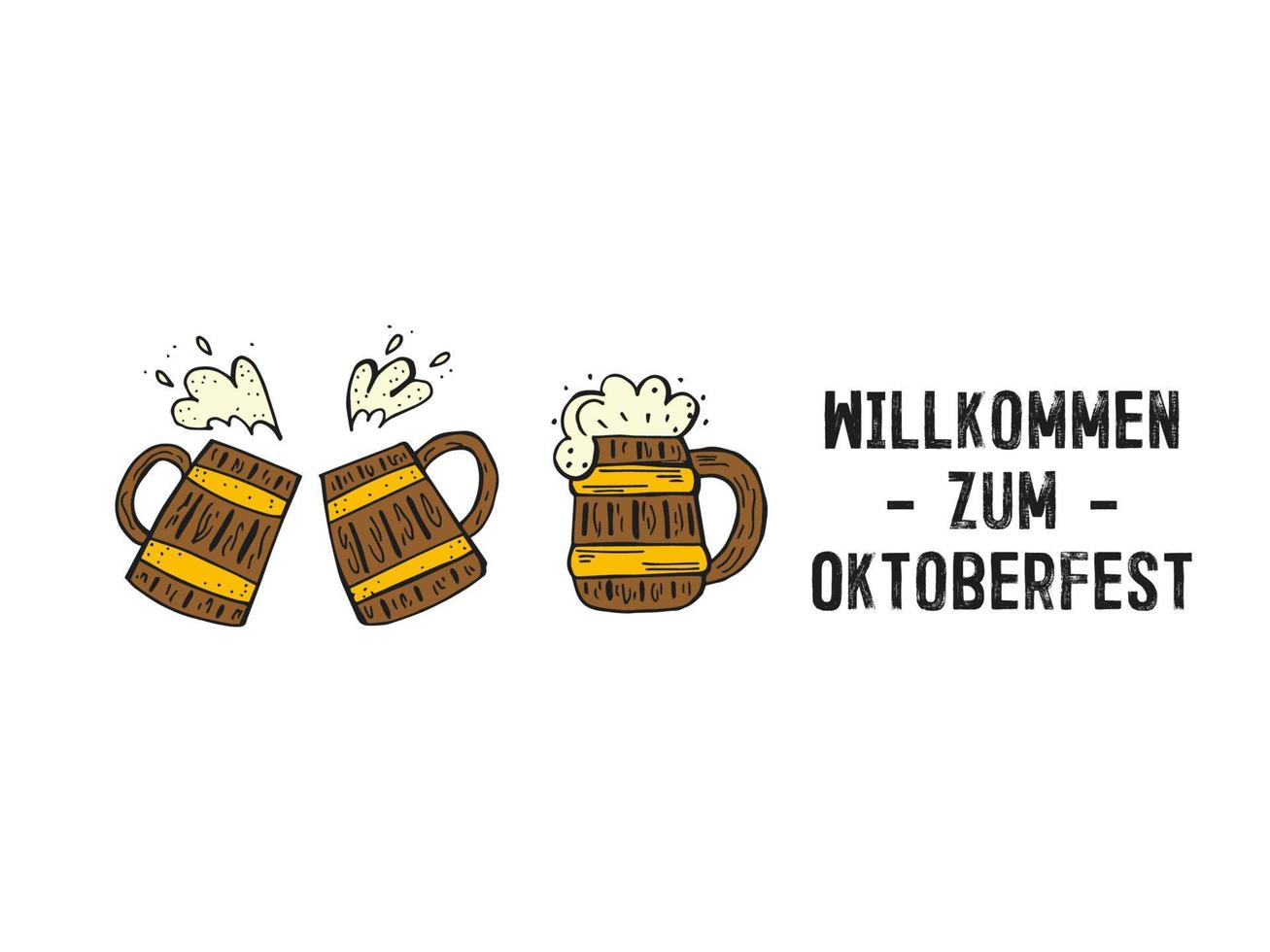 oktoberfest 2022 - fiesta de la cerveza. conjunto dibujado a mano de elementos de garabato. fiesta tradicional alemana. jarras de cerveza de madera de colores con letras sobre un fondo blanco. vector