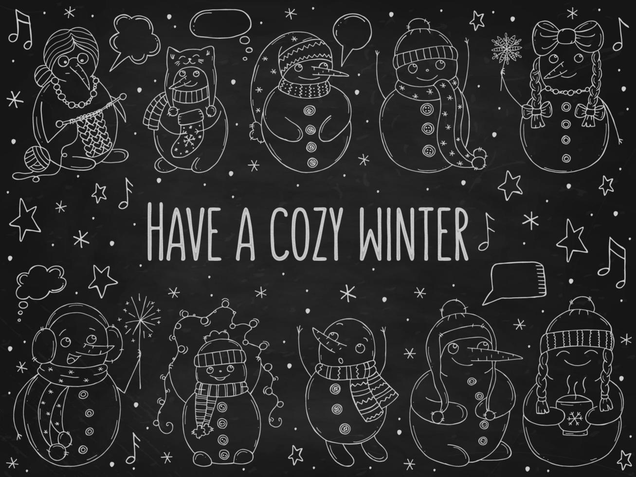 Set of cute snowmen on a black chalk board. Vector illustration in doodle style. Winter mood. Hello 2023. Merry Christmas and Happy New Year.