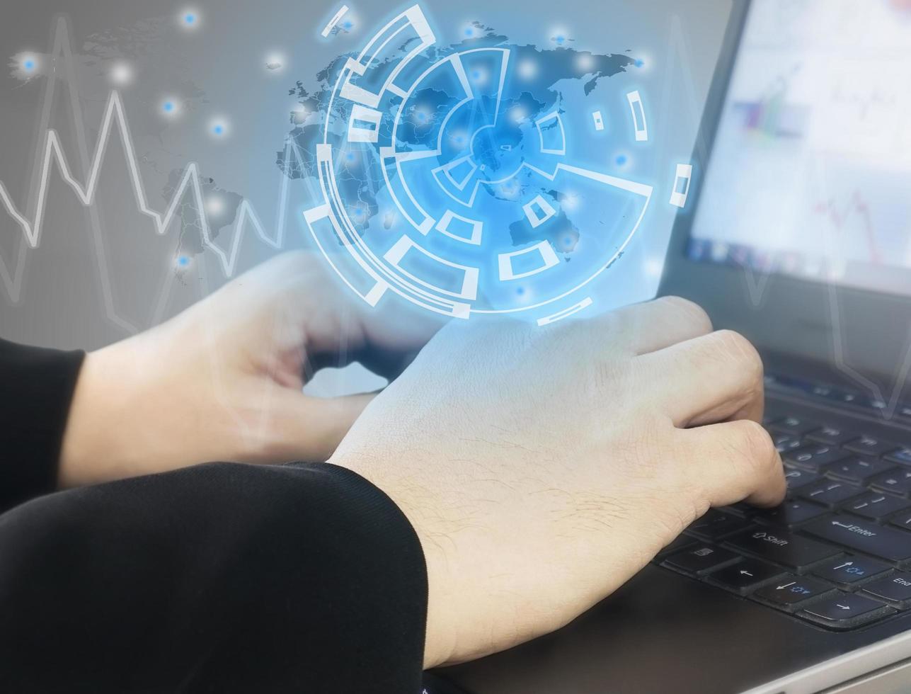 Business man is typing keyboard computer working with his worldwide business, internet financial technology fintech concept.ter photo