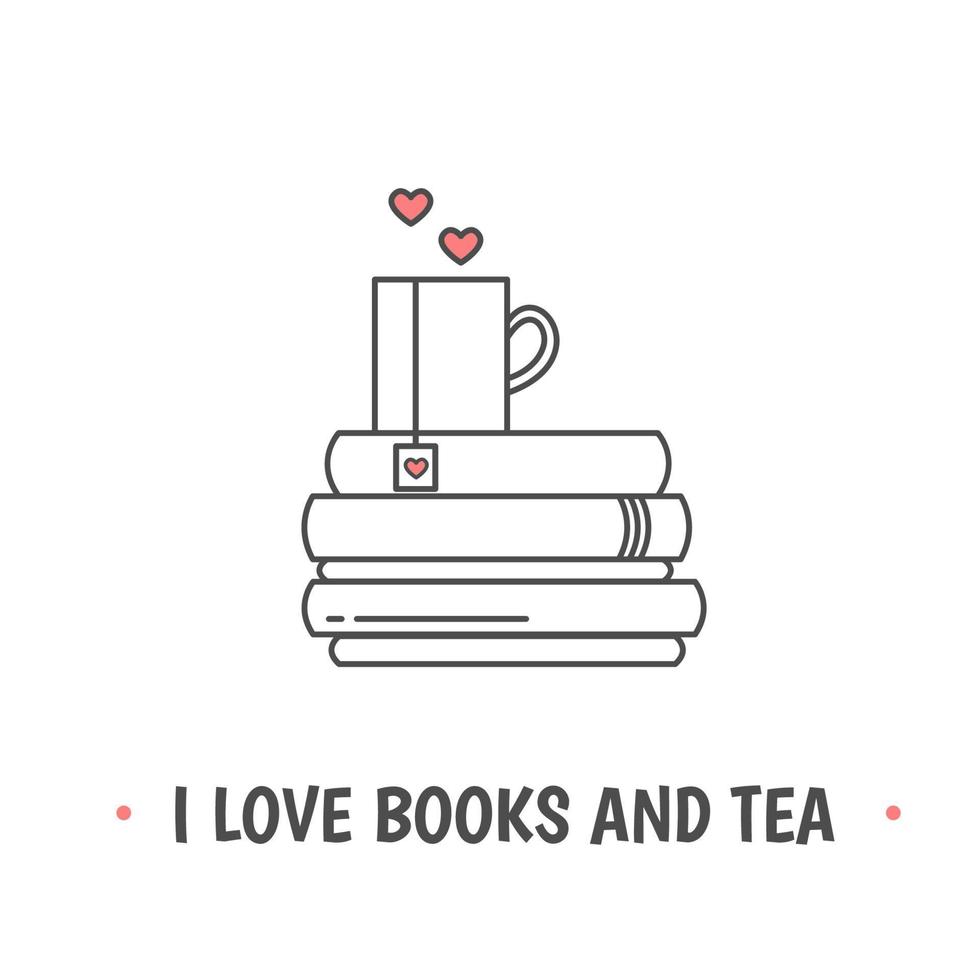 Pile of books and coffee or tea cup with heart symbols. I love books and tea quote vector