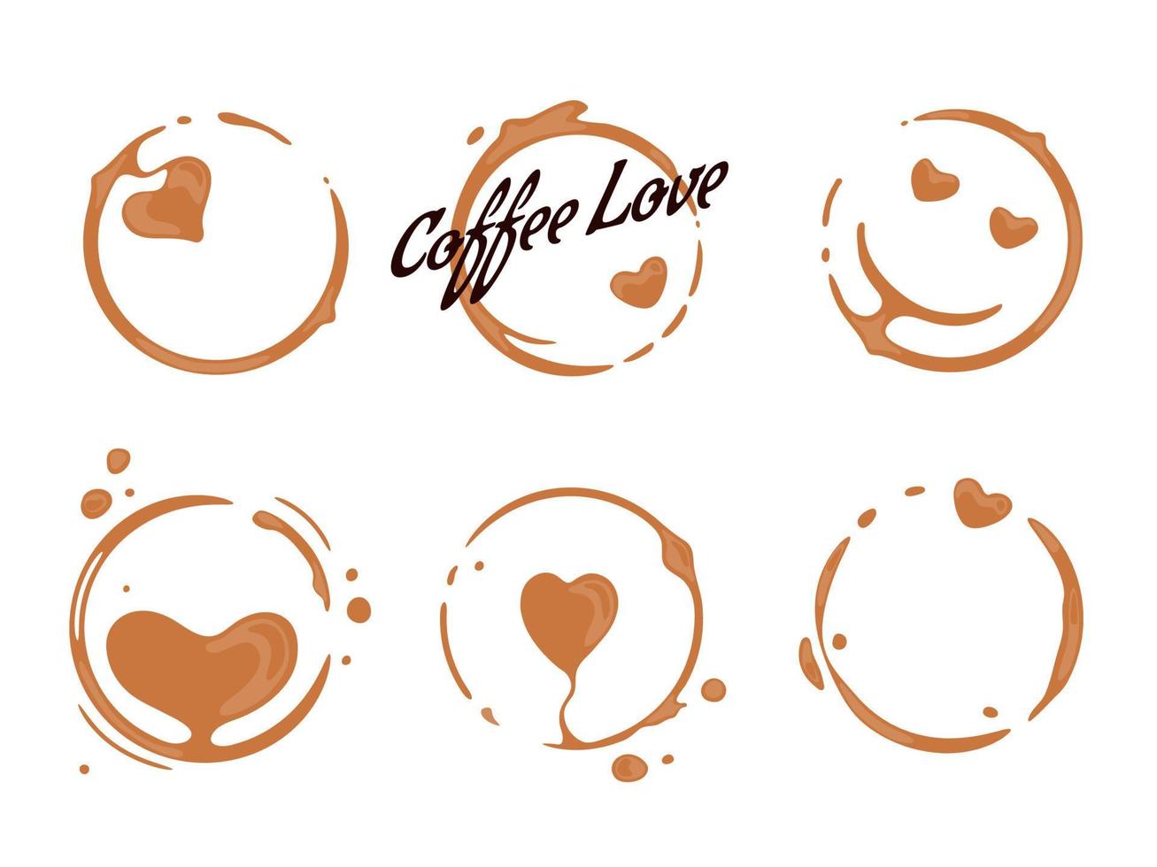 Collection of coffee cup round stains shaping smiles and smiling faces. Good mood concept. Vector drops and splashes on white.