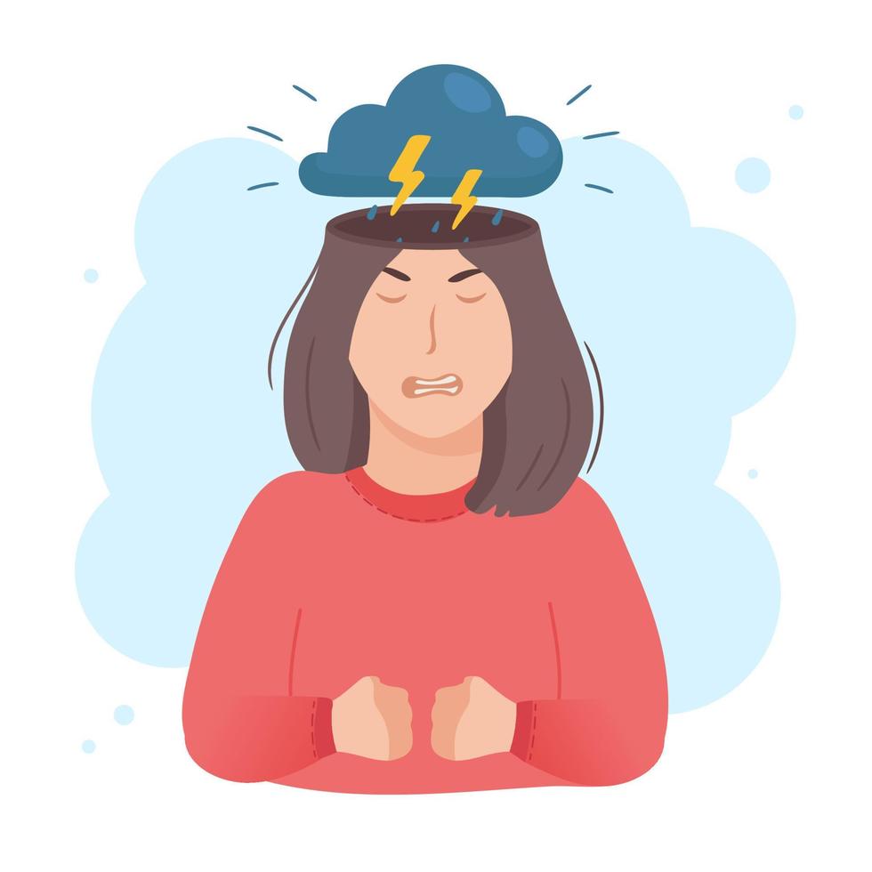 dentro del concepto de cabeza de mujer. chica agresiva enojada, tormenta con nubes oscuras y relámpagos sobre su cabeza. humor negativo y metáfora del mal genio. ilustración vectorial aislado en blanco vector