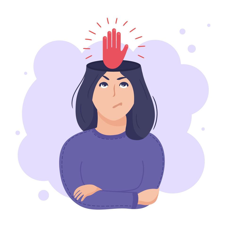 dentro del concepto de cabeza de mujer. Restricciones mentales y fronteras internas. detener el signo de la mano que ilustra el control y las limitaciones. ilustración vectorial aislado en blanco vector