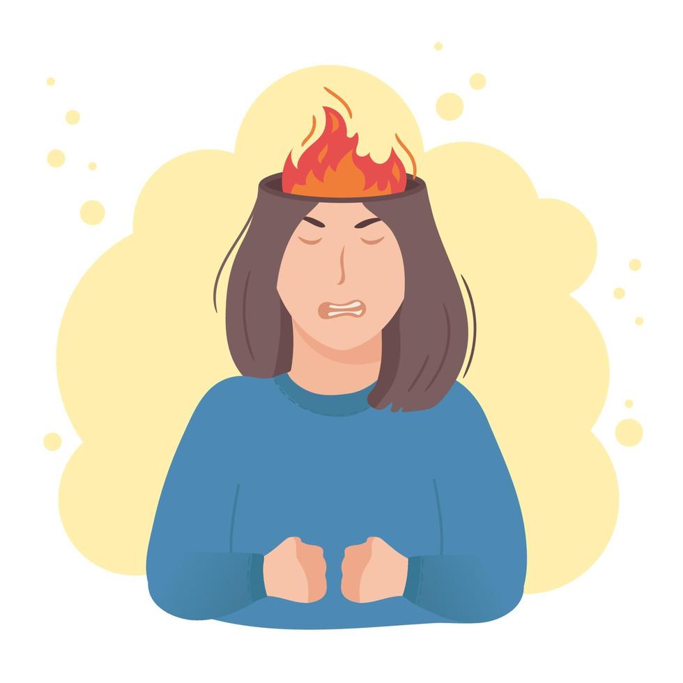 Inside woman head concept. Angry aggressive girl, fire and flame in place of brain. Negative mood and bad temper metaphor, burning thoughts. Vector illustration isolated on white