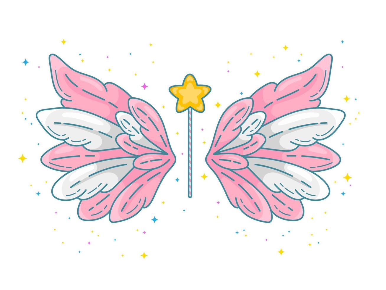 Magic wings in cute little princess style, pink and grey palette. Wide spread angel wings and magic wand with star dust. Vector illustration