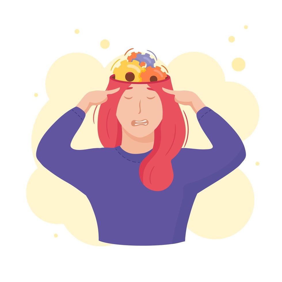 Inside woman head concept. Moving cog wheels and gears instead of brain as metaphor of thinking process or brainstorm. Vector illustration isolated on white