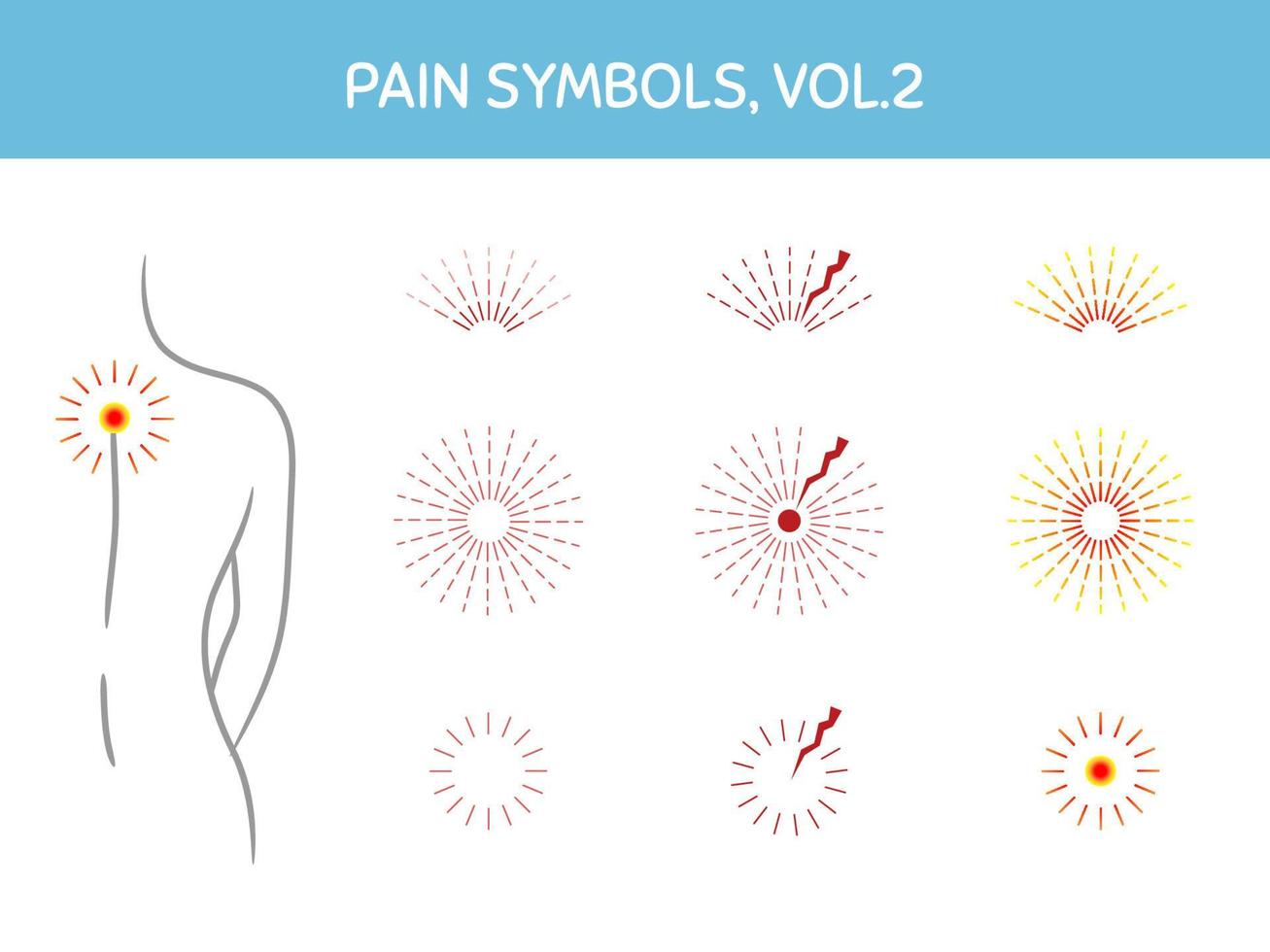 Set of pain markers for illustrations, medical and healthcare themed designs. Assorted icons showing pain focus, trigger points and painful areas of body. Vector elements, isolated on white.