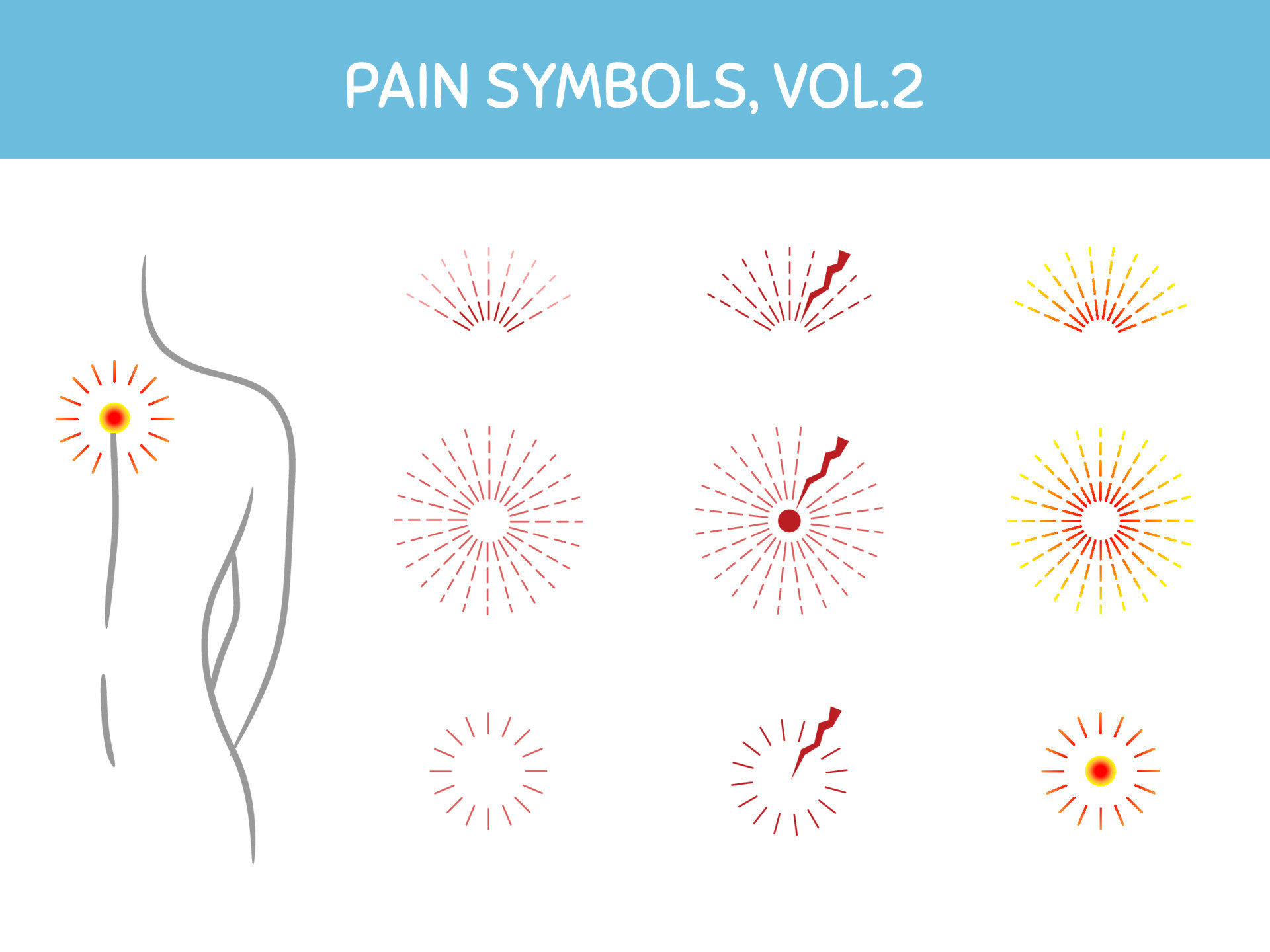 Set of pain markers for illustrations, medical and healthcare themed