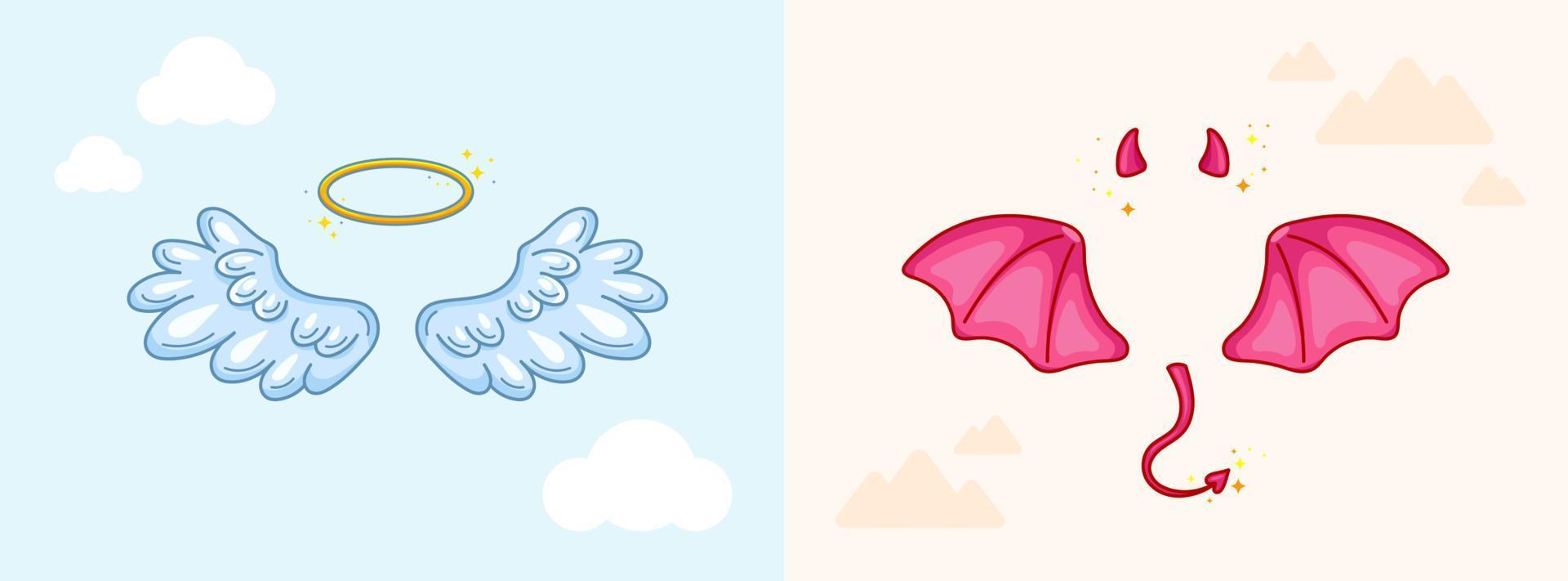 Angel and devil costume elements and props. Symbols of good and bad, kind and evil, saint and sinful. Wings, horns, tail and halo. Choice and conflict concept. Vector illustration, cartoon style.