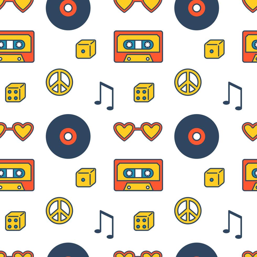 Groovy seamless pattern. Music pattern in retro style. Musical elements. 1970s. vector